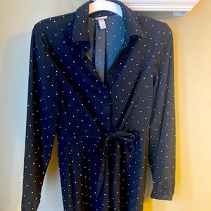 Black with white polka dot t-shirt style dress. Long sleeve.